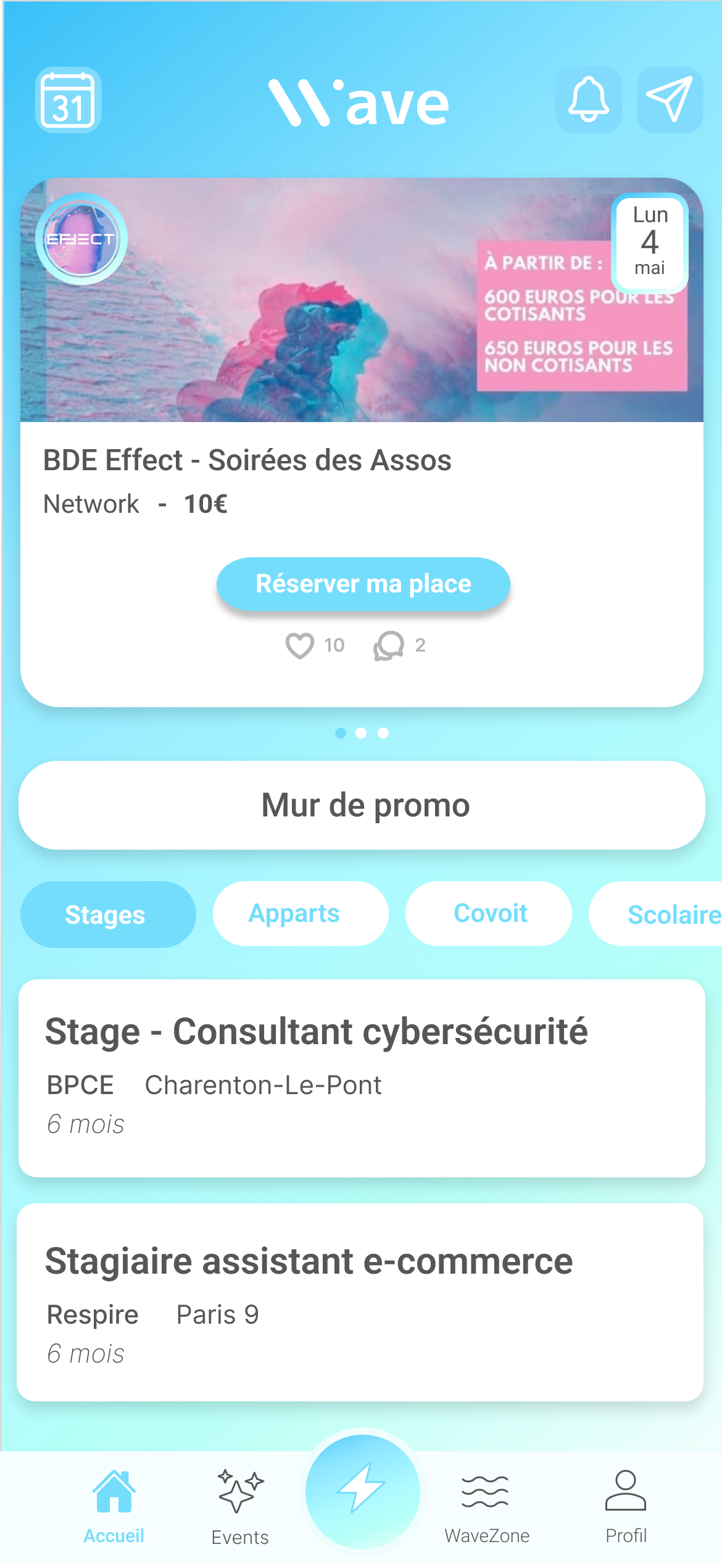 Écran d'accueil WAVE