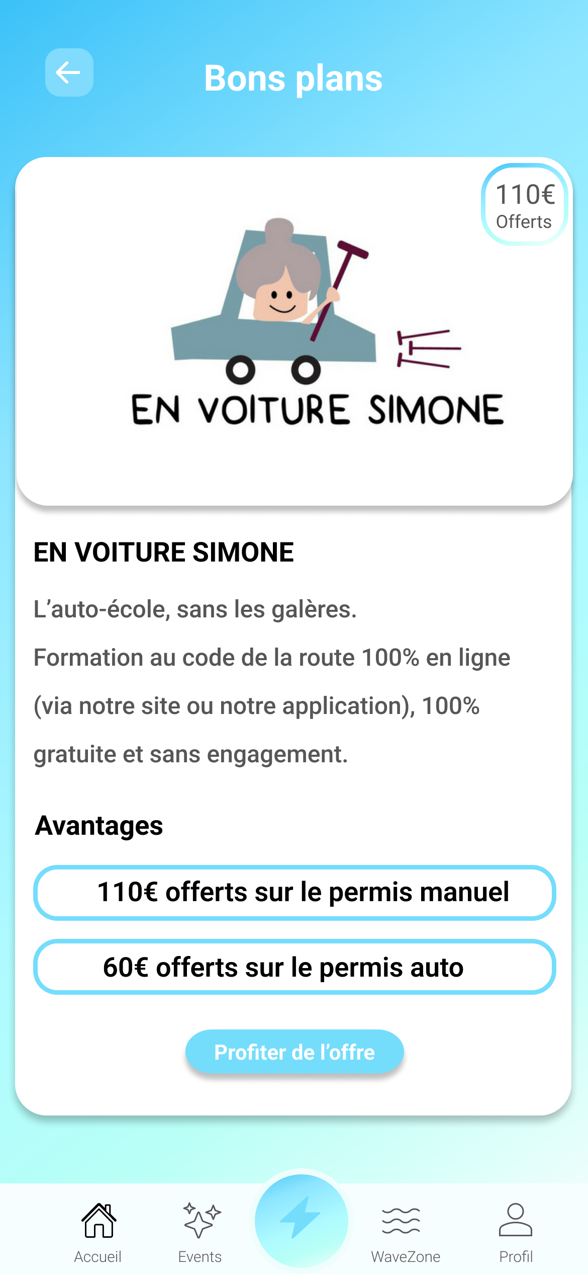 Détail d'un bon plan WAVE, En voiture Simone, 110€ offerts