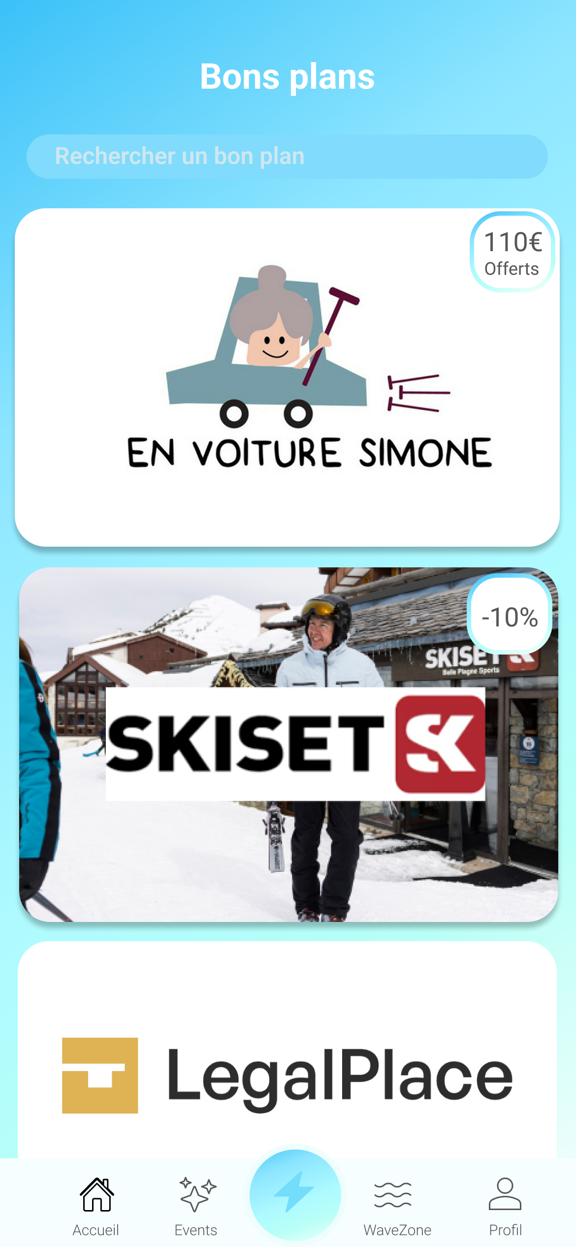 Liste des bons plans WAVE, En voiture Simone, Skiset, Legalplace
