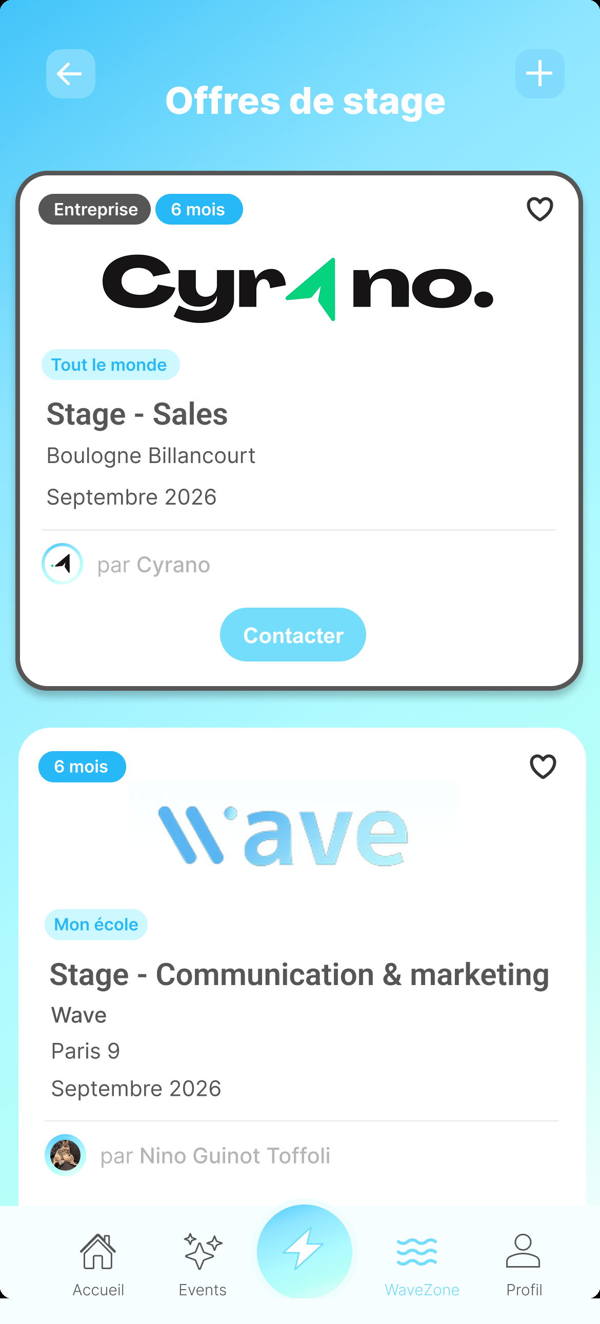 Aperçu de la section Offres de stage dans l'app WAVE